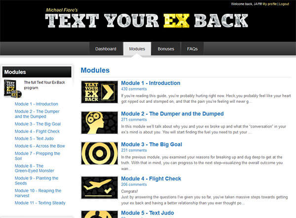 Inside the members area of text your ex back.